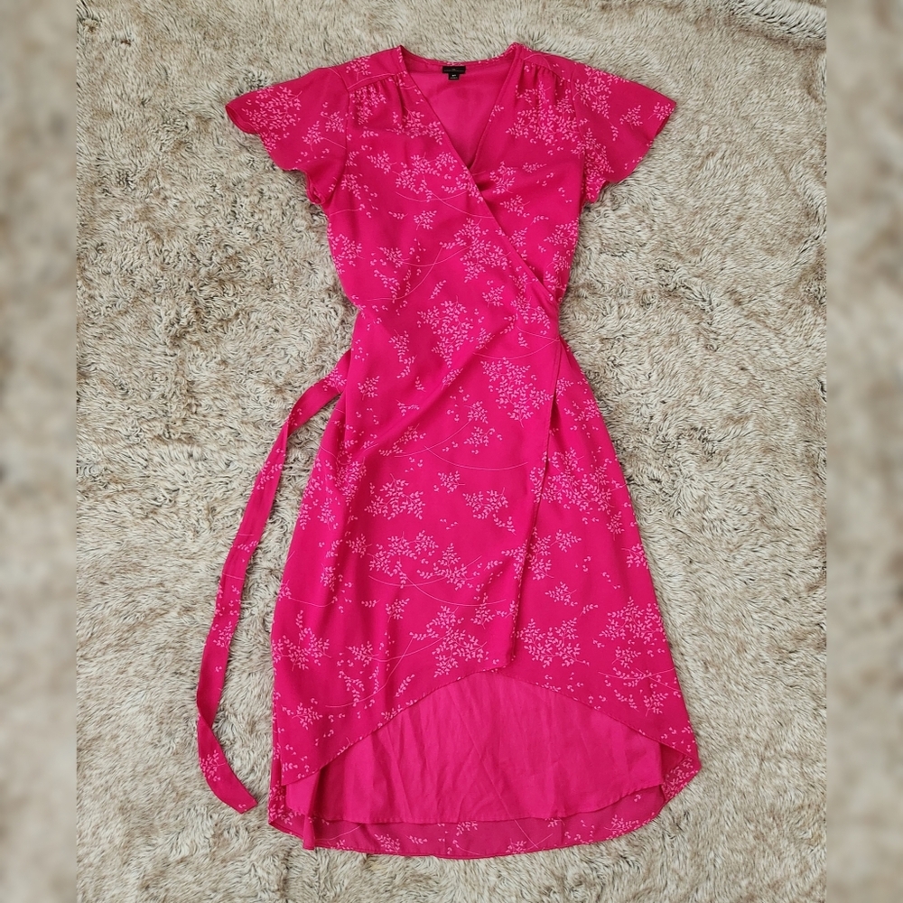 Worthington Bright Pink Floral High Low Hem Wrap Dress Women's Size Small Tall